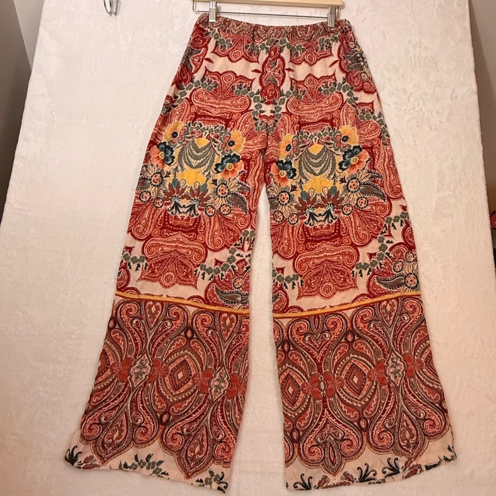 Angie | Paisley Floral Wide Leg Boho Pants Rust Orange Smocked Waist, Size S - Picture 4 of 5